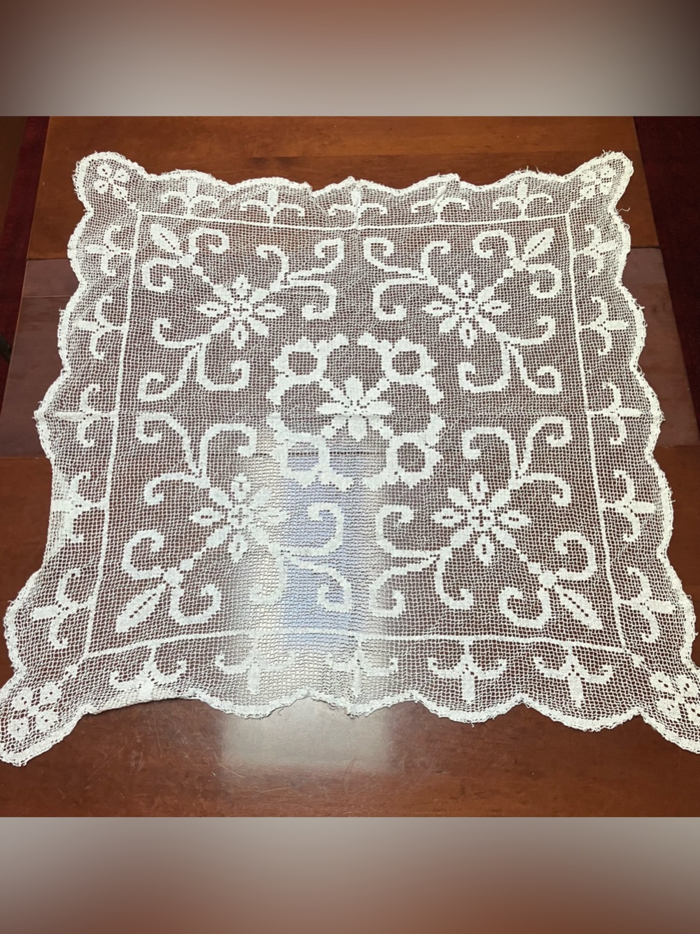 VTG Handmade Lace White TableCloth Square Floral Maximalist Grannycore 42x42